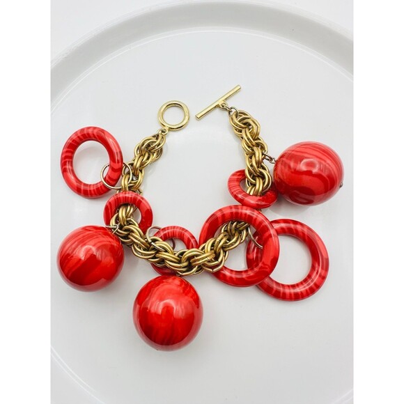 Vintage gold tone chain chunky red circle ball charm Bracelet 8” - Picture 1 of 5
